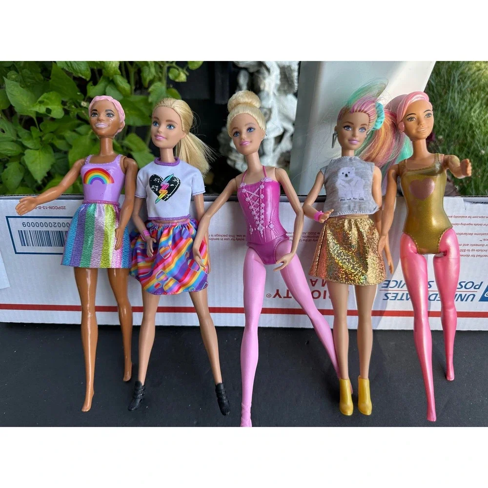 Barbie Doll Lot of 5 Ballerina Rainbow Fashion Gold Swimsuit Multi-Color Hair